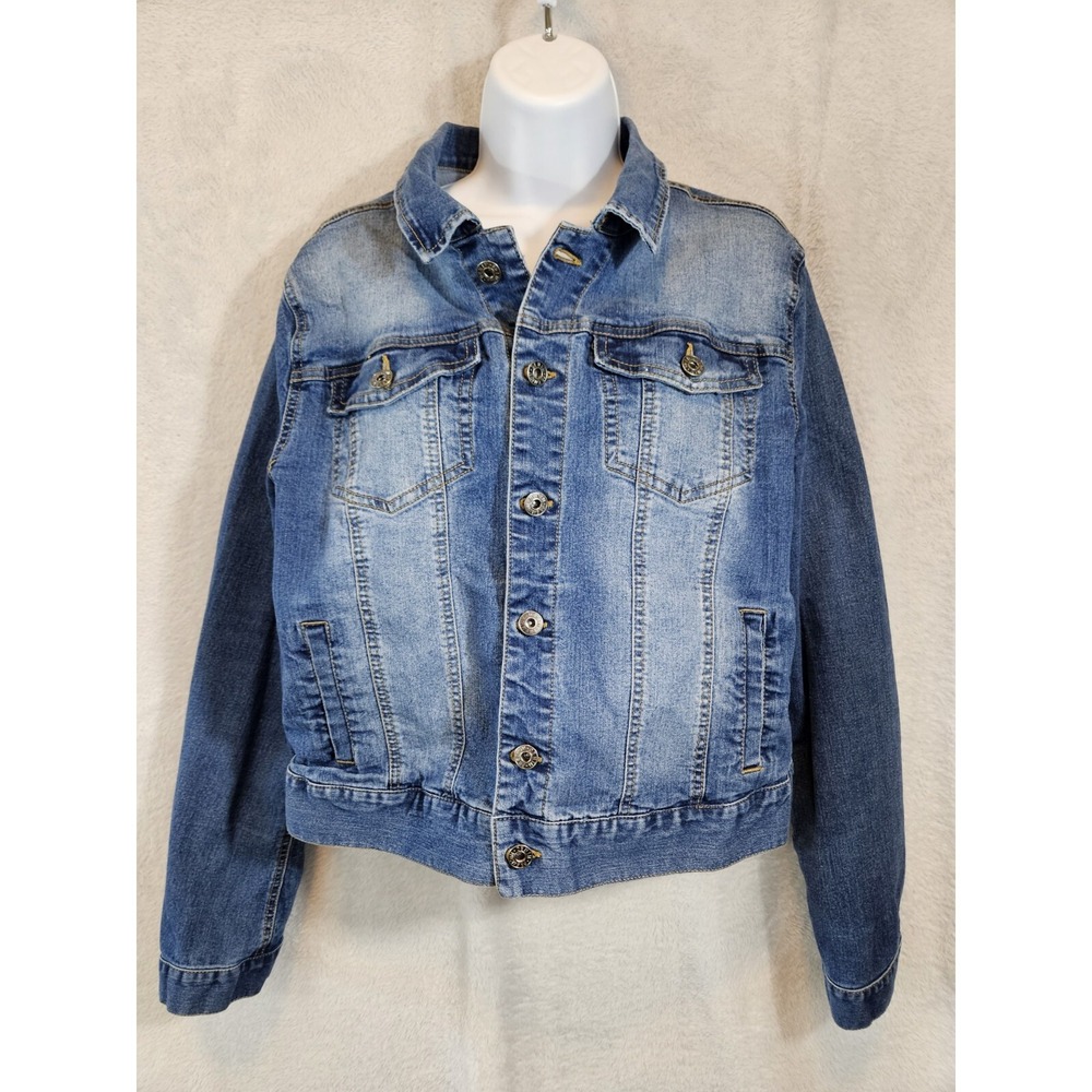 Love Tree Classic Button Blue Jean Jacket 2X Womens Heavy Denim Distressed